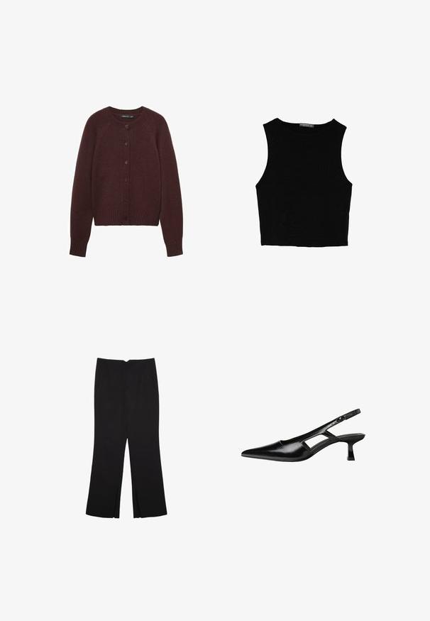 Bordowy sweter z dzianiny z okrągłym dekoltem, długimi rękawami raglanowymi i guzikami z przodu. Posiada ściągacze przy mankietach i u dołu.; Czarny bezrękawnik crop top z gładkiego materiału, z okrągłym dekoltem i czystym, prostym wzornictwem, bez wzorów czy metalowych elementów.; Czarne spodnie o prostym kroju, z przednimi kieszeniami i bocznymi rozcięciami na dole. Wykonane z miękkiego, gładkiego materiału. Odpowiednie na różne okazje.; Czarne lakierowane czółenka na odkrytej pięcie z wąskim noskiem, z wykrojem po bokach i małym kwadratowym obcasem. Gładka faktura z minimalnymi akcentami.