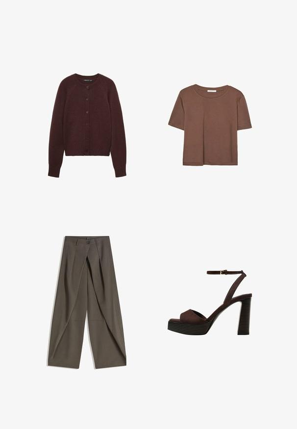 Burgundy neulecardigan, jossa on pyöreä kaula-aukko, pitkät raglanhihat ja etunapit. Varustettu ribatulla hihansuulla ja helmalla.; Kahvinsävyinen lyhythihainen t-paita, joka on valmistettu pehmeästä kankaasta. Pyöreä pääntie ja rento malli. Ei näkyviä kuvioita tai koristeita.; Laahustetut leveät housut tummasta harmaasta kankaasta. Varustettu etupleatilla, nappikiinnityksellä ja sivutaskuilla käytännöllisyyden vuoksi.; Ruske kožne sandale s visokom potpeticom, otvorenim prstima, podesivim kopčanjem oko gležnja i prugastim platformskim đonom.
