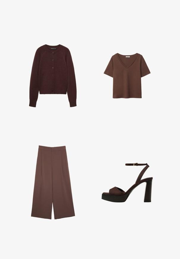 Bordeaux strikket cardigan med rund halsudskæring, lange raglanærmer og frontknapper. Har ribbede cuffs og kant.; Brun bomulds t-shirt med korte ærmer og dyb V-hals. Enkel design, blød tekstur og lige kant. Ingen mønstre eller detaljer.; Brune bredbunde bukser med en glat tekstur, der har høj talje og plisseringer foran. Stoffet er let og falder løst.; Brune ruskinds højhælede sandal med åben tå, justerbar ankelrem og en stribet plade sål.