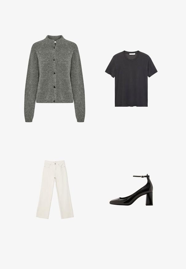 Šedý cardigan vyrobený z texturované pleteniny, s kulatým výstřihem, dlouhými rukávy a černými knoflíky na přední straně.; Černé tričko s kulatým výstřihem vyrobené z jemné bavlny. Krátké rukávy, volný střih a rovný lem bez zdobení nebo vzorů.; Bílé široké džíny vyrobené z denimové látky, s vysokým pasem, předními kapsami a knoflíkovým zapínáním. Čistý design s minimálními akcenty.; Černé lakované lodičky s ankletovým páskem, lesklým povrchem, špičatou špičkou a silným blokovým podpatkem. Hladký povrch, minimální detaily.