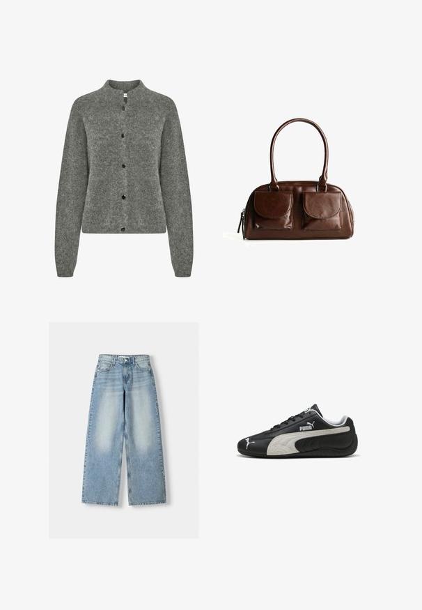 Szürke kardigán texturált kötött anyagból, kerek nyakrésszel, hosszú ujjakkal és fekete gombokkal az elején.; Világosszürke bordázott ujjatlan top, kerek nyakú kivitelben. Feszes szabású, és diszkrét logó található a középen. Puha tapintású.; Világoskék, széles szárú, magas derekú farmernadrág, enyhén kopott hatással, öt zsebbel és egyenes szabással.; Fekete bőr sportcipők textúrázott szürke velúr csíkkal, fehér logó részletekkel és fűzős kialakítással, kerek orral és gumitalppal.; Barna bőr kézitáska, két elülső hajtókás zsebbel, lekerekített fogantyúkkal és oldalzippel, fehér háttér előtt.