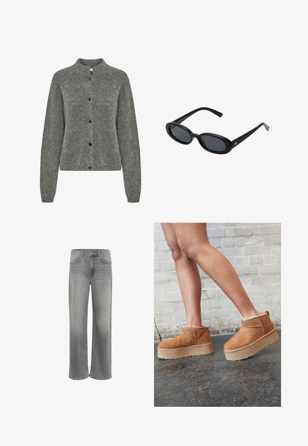 Szary kardigan wykonany z teksturowanej dzianiny, z okrągłym dekoltem, długimi rękawami i czarnymi guzikami z przodu.; Biała koszulka z krótkim rękawem, wykonana z bawełny. Posiada okrągły dekolt i luźny krój. Gładka faktura bez widocznych wzorów czy akcentów.; Jeans w szerokich nogawkach w szarym dżinsie, z wysokim stanem, pięcioma kieszeniami, zapięciem na guziki z przodu oraz delikatnym wyblakaniem materiału.; Brązowe zamszowe botki sięgające kostki z puszystą wyściółką, grubą beżową platformą oraz tylną pętelką. Teksturowana powierzchnia z widocznymi detalami zszycia.; Czarne, oversize okulary przeciwsłoneczne z owalnymi soczewkami, gładkim plastikowym mostkiem i złotymi akcentami na zausznikach. Ciemne soczewki zapewniają ochronę przed słońcem.; Ciemnobrązowa trójkątna pleciona skórzana torebka z pojedynczą splecioną rączką i widocznym suwakiem po jednej stronie.; Zestaw ośmiu srebrnych pierścionków, o różnych wzorach, w tym gładkich, teksturowanych oraz jednym z małymi perłami. Cechują się krzywymi i akcentami.