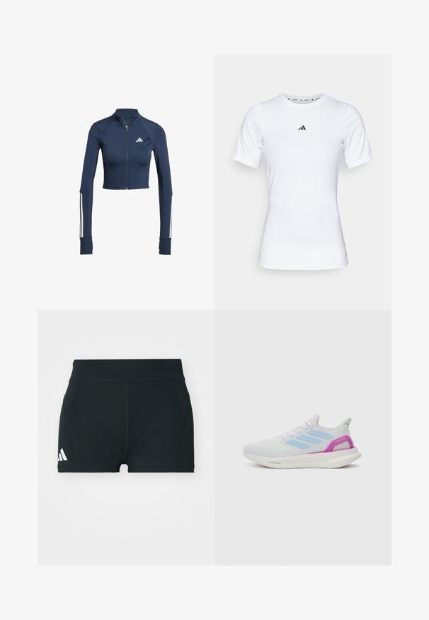 Chaqueta recortada de color azul marino con cierre, de mangas largas, textura acanalada en los hombros, detalles de franjas blancas en las mangas y un pequeño logo blanco.; Camiseta deportiva blanca de manga corta, hecha de una tela suave y elástica. Presenta un pequeño logo negro de Adidas en el pecho.; Pantalones cortos deportivos negros de tela elástica, con una cintura alta, forma ajustada y logo blanco de Adidas en el lado izquierdo.; adidas Performance PUREBOOST 5 - Zapatillas running asfalto - white/glow blue/purple burst