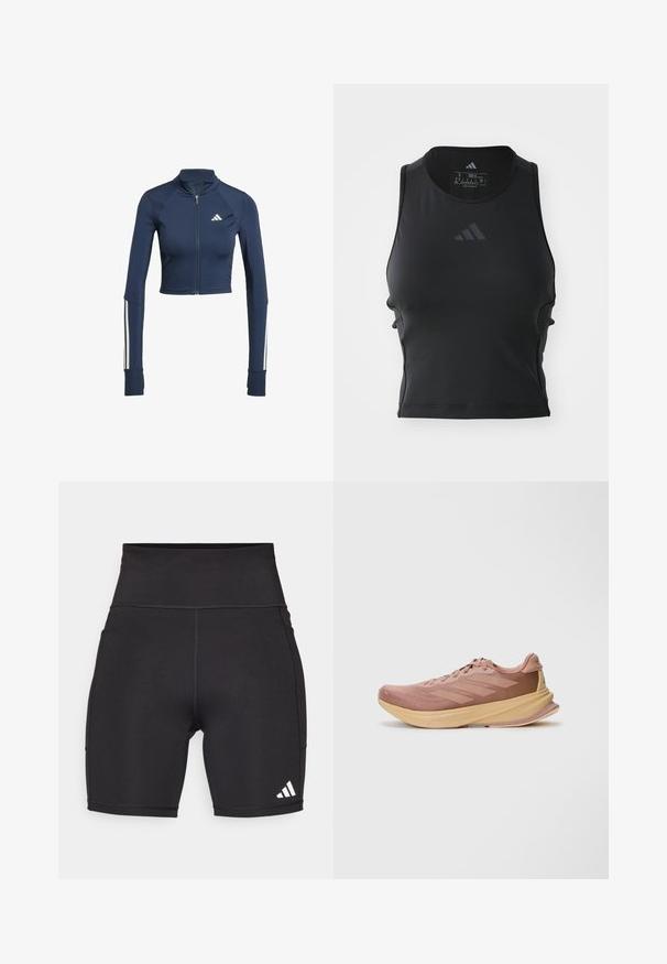 Navy blue cropped zip-up jacket with long sleeves, ribbed texture on shoulders, white stripe accents on sleeves, and a small white logo.; Black cropped fitness tank top made of smooth, stretchy fabric; features a round neckline and a small, reflective logo on the front.; Black athletic shorts made of stretchy fabric. High waistband, mid-thigh length, with white three-stripe logo on the lower left side.; Light pink athletic shoe with textured fabric upper, cushioned sole, and rubber outsole. Features three horizontal stripes on the side.