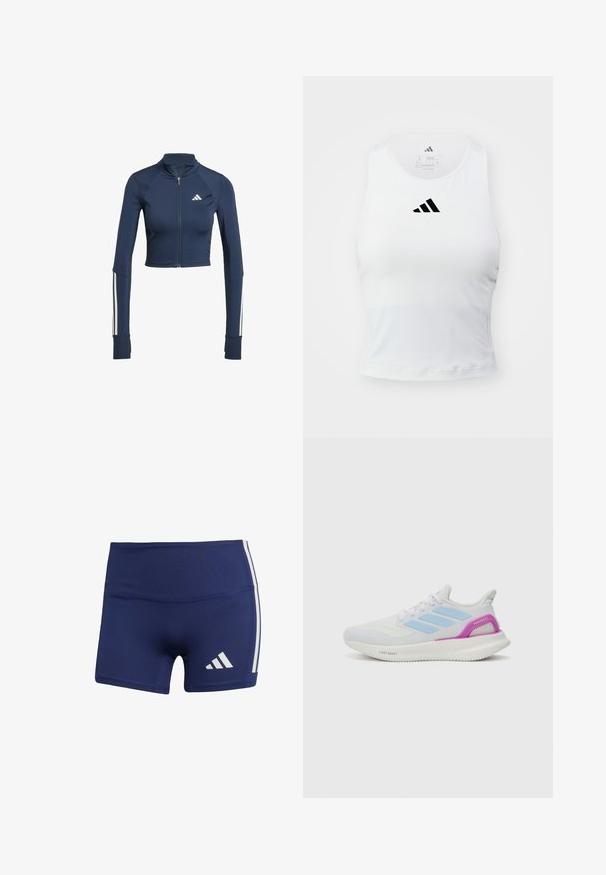 Navyblauwe cropped zip-up jack met lange mouwen, geribbelde textuur op de schouders, witte streepaccenten op de mouwen en een klein wit logo.; Witte sportieve tanktop met een gevormd ontwerp, voorzien van een zwart Adidas-logo in het midden van de borst en zachte, vochtafvoerende stof.; Donkerblauwe sportshorts met een strakke pasvorm, gemaakt van gladde stof, met witte zijstrepen en een logo op de linkeronderzijde.; adidas Performance PUREBOOST 5 - Hardloopschoenen voor op de weg - white/glow blue/purple burst