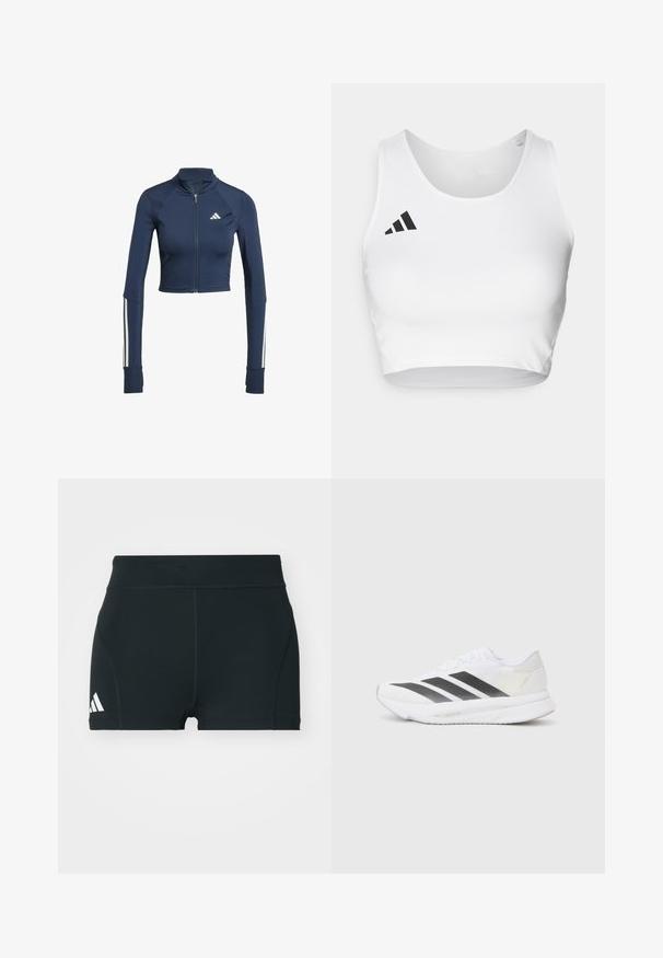 Navyblauwe cropped zip-up jack met lange mouwen, geribbelde textuur op de schouders, witte streepaccenten op de mouwen en een klein wit logo.; Witte sport crop top gemaakt van een gladde stof, met een ronde halslijn en een zwart logo-accent aan de linkerkant.; Zwarte sportieve shorts van rekbaar materiaal, met een hoge tailleband, aangesloten pasvorm en een wit Adidas-logo aan de linkerkant.; Witte sportschoen met zwarte diagonale strepen, bovenwerk van gaas, ronde neus en gestructureerde zool. Accenten zijn onder andere een zilveren hak en een minimalistisch ontwerp.