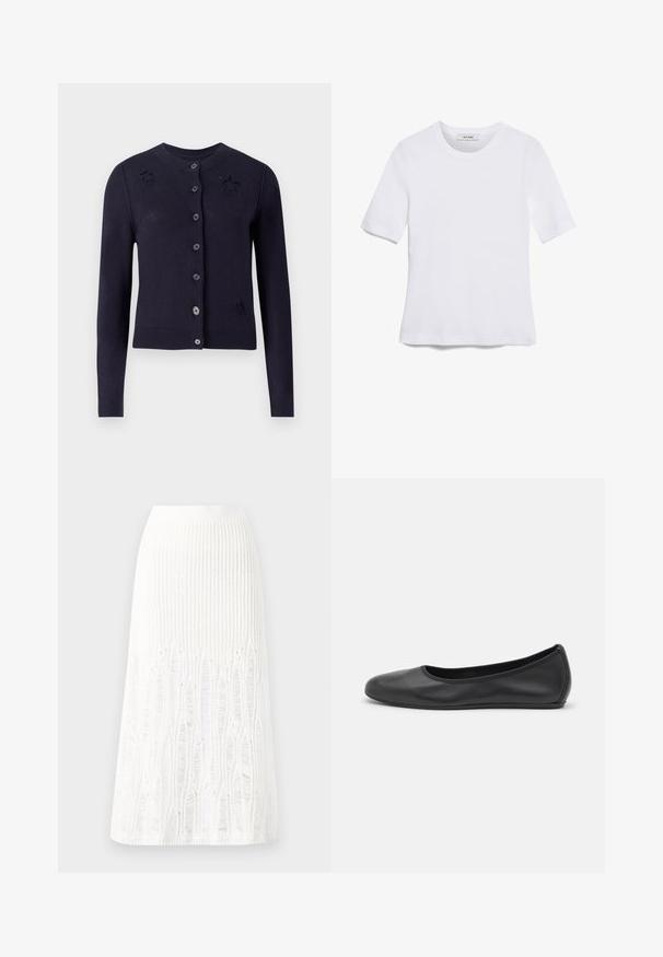 Mørkeblå cardigan laget av mykt stoff, med lange ermer, knepp foran og stjernetformede perforeringer på brystet.; Hvit kortermet t-skjorte laget av ribbestrikket materiale. Rund hals, vanlig passform og subtile sømdetaljer. Ingen mønstre eller grafikk.; Strikket hvit midiskjørt med et teksturert mønster med vertikale linjer og utklippsdetaljer nær kanten. Elastisk midje. Mykt materiale.; Svart skinnballettflatt med rund tå, glatt tekstur, minimal sømdetalj, og et fleksibelt såledesign.