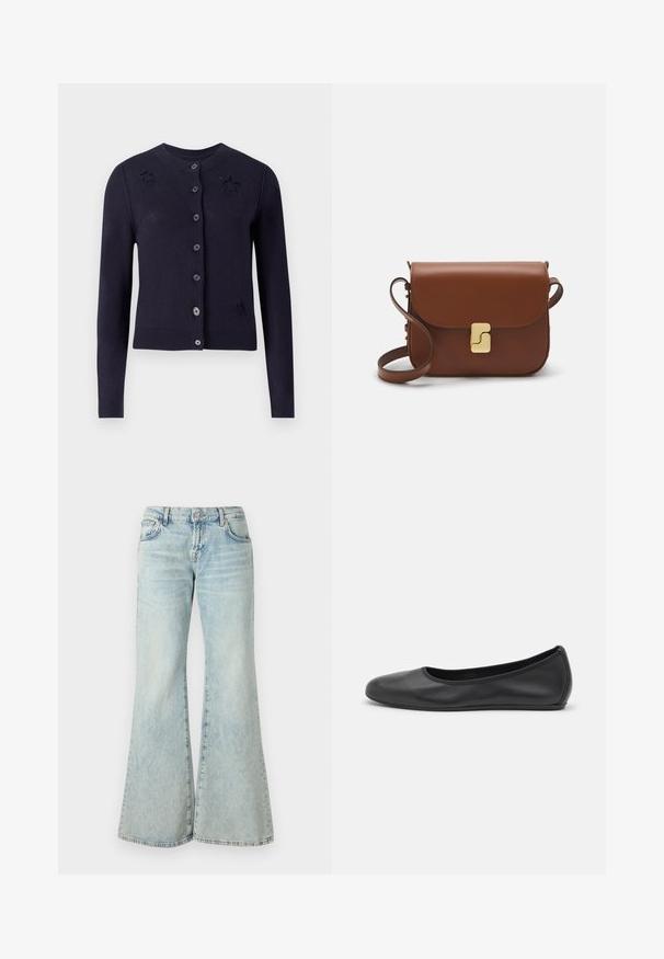 Sötétkék kardigán, puha anyagból készült, hosszú ujjaival, elől gombokkal és csillag alakú perforációkkal a mellrészen.; Fehér, rövid ujjú póló ribbed anyagból. Kerek nyakkivágás, normál szabás és diszkrét varrási részletek. Nincsenek minták vagy grafikák.; Világoskék, trapéz szabású farmernadrág, magas derékkal, zsebekkel és fonott szegéllyel. Az anyag kifakult mosást és finom textúrát mutat.; Fekete bőr balettcipő lekerekített orral, sima tekstúrával, minimális varrással és rugalmas talp kialakítással.; Barna bőr kézitáska, hajtókás zárással, arany színű fém kiegészítőkkel, vállpánttal és sima felülettel. Kompakt téglalap alakú.