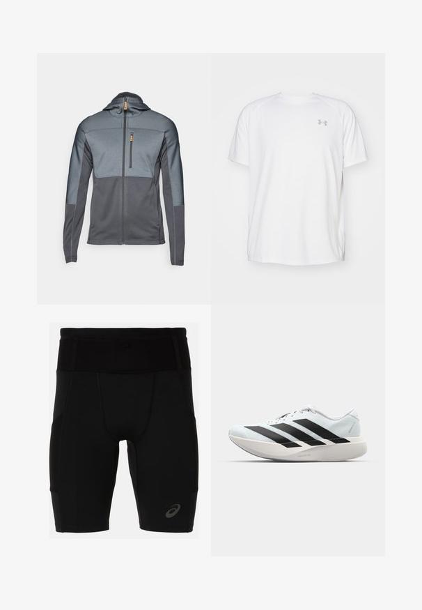 Sivý zipsový sveter s kapucňou a kontrastnými textúrovanými panelmi. Obsahuje vrecko na hrudi a hladkú tkaninu. Predné zapínanie na zips.; Biele atletické tričko s krátkym rukávom vyrobené z hladkej tkaniny. Má okrúhly výstrih a šedé logo na ľavej hrudi, so štrbinami po stranách na leme.; Čierne športové šortky s priliehavým strihom, vyrobené z hladkého materiálu. Majú vysoký pás a malé logo na dolnej ľavej nohe.; Ľahké bežecké topánky v svetlomodrej farbe s čiernymi pruhmi. Majú hladký zvršok, okrúle špičky a hrubú bielu medzipodrážku označenú "LIGHTSTRIKE PRO."