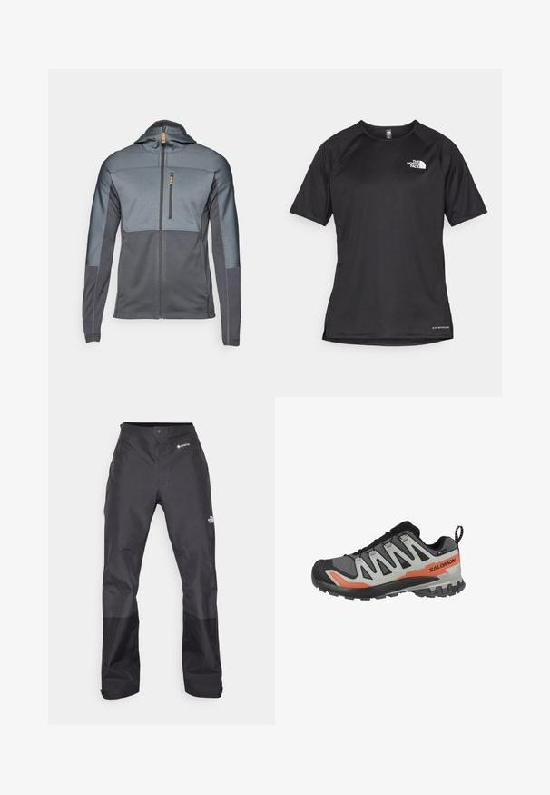 Chaqueta gris con cremallera y capucha, con paneles texturizados en contraste. Cuenta con un bolsillo en el pecho y tejido suave. Cierre frontal con cremallera.; Camiseta atlética corta negra de manga corta con una tela texturizada, que presenta un logo blanco en el lado izquierdo del pecho y un dobladillo recto.; Pantalones impermeables negros con una textura suave, que presentan un logo de GORE-TEX en la parte frontal y piernas inferiores reforzadas para mayor durabilidad.; Zapatilla deportiva en negro y gris con un acento naranja, que presenta una parte superior de malla, suela de goma y un sistema de cordones seguro para mayor estabilidad.