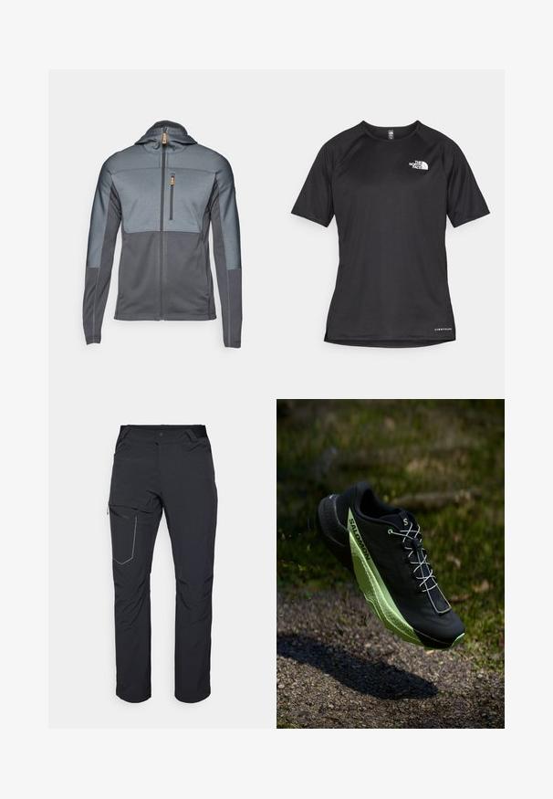 Pelēks zip-up jaka ar kapuci un kontrastējošām teksturētām paneļiem. Iekļauta krūšu kabata un gluda auduma. Priekšējā rāvējslēdzēja aizdare.; Melna sporta krekla īsām piedurknēm ar strukturētu audumu, kas ir ar baltu logotipu kreisajā krūtīs un taisnu apakšmalu.; Melni āra bikses ar rāvējslēdzēja sānu kabatu, elastīgu jostasvietu un gludu, ūdensizturīgu audumu. Tīra dizaina bez redzamām emblēmām.; Melna sporta kurpe ar tekstūrētu virsmu un zaļiem akcentiem. Iezīmējas ar vieglu konstrukciju un unikālu, rakstainu zoli, kas nodrošina saķeri.