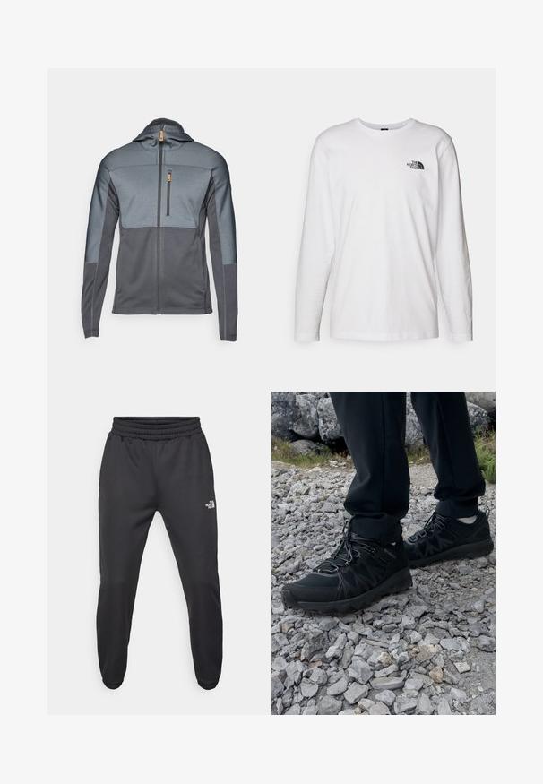Gray zip-up jacket with a hood and contrasting textured panels. Features a chest pocket and smooth fabric. Front zipper closure.; White long-sleeve T-shirt made of cotton with a crew neck. Features a small black logo on the chest. Smooth texture, regular fit.; Black sweatpants with a drawstring waist, tapered fit, elastic cuffs, and a small white logo on the left thigh, made from smooth fabric.; Black outdoor shoes with mesh and synthetic material, featuring a textured upper, secured lacing system, and a rugged outsole, on rocky terrain.