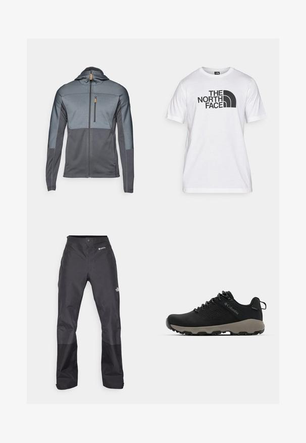 Sivý zipsový sveter s kapucňou a kontrastnými textúrovanými panelmi. Obsahuje vrecko na hrudi a hladkú tkaninu. Predné zapínanie na zips.; Biele bavlnené tričko s čiernym grafickým potlačou, ktorá zahŕňa text a zakrivený dizajn loga. Okrúhly výstrih a krátke rukávy. Hladká textúra.; Čierne nepremokavé nohavice s hladkým povrchom, so značkou GORE-TEX na prednej strane a zosilnenými dolnými nohavicami pre väčšiu odolnosť.; Čierne turistické topánky s hladkým zvrškom, perforovaným dizajnom, šedou podrážkou a vystuženým pätou. Obsahujú šnúrky a pútko pre jednoduché obúvanie.
