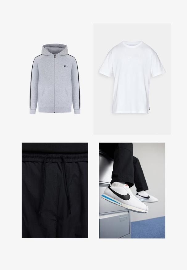 Sudadera gris con cremallera y bolsillo canguro, rayas negras en los laterales y un pequeño logo en el pecho izquierdo. Tejido suave y capucha ajustable.; Camiseta de algodón blanca con mangas cortas y cuello redondo. Presenta un pequeño y sutil logo de Nike en el pecho y una etiqueta lateral.; Pantalones cortos negros con cinturilla ajustable, tejido ligero con una textura suave y un diseño sencillo sin logotipos visibles ni patrones.; Zapatillas blancas de cuero con un swoosh negro de Nike, suela de goma en azul claro y gris, y un diseño clásico de cordones. Pies apoyados en un archivero.