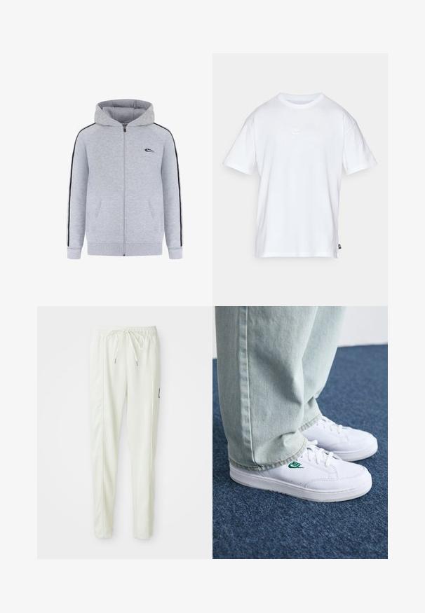 Felpa grigia con zip, dotata di tasca a marsupio, strisce nere sui lati e un piccolo logo sul lato sinistro del petto. Tessuto morbido e cappuccio regolabile.; T-shirt bianco in cotone con maniche corte e colletto tondo. Presenta un piccolo e discreto logo Nike sul petto e un'etichetta laterale.; Pantaloni jogger slim-fit bianchi con vita elasticizzata e cordino, caratterizzati da dettagli sulle cuciture laterali e un piccolo patch nero sulla gamba destra.; Sneakers in pelle bianca con logo Nike verde, punta rotonda, suola piatta, abbinati a pantaloni in denim azzurro, mostrati su un tappeto blu.