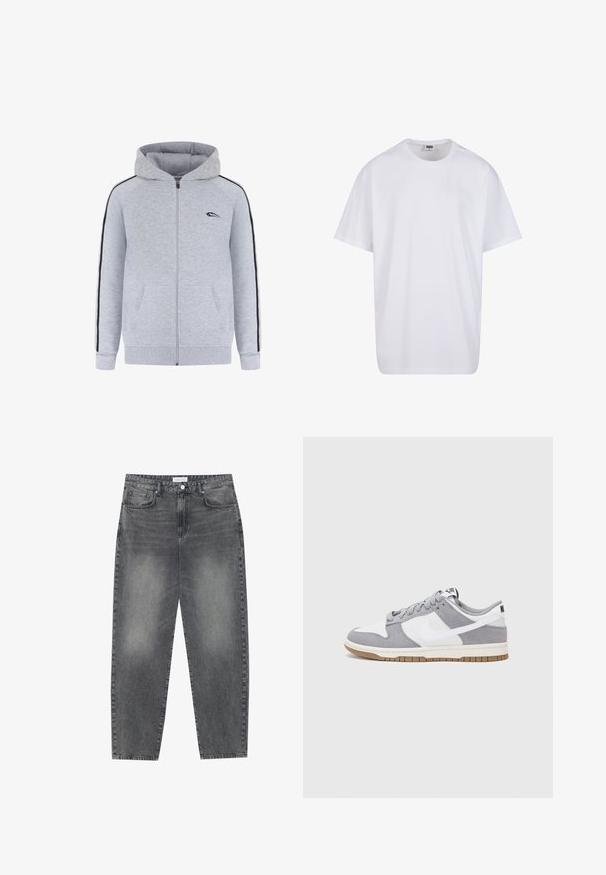 Grijze zip-up hoodie met een kangoeroezak, zwarte zijstrepen en een klein logo op de linkerkant van de borst. Soepele stof en verstelbare capuchon.; Witte katoenen t-shirt met korte mouwen, ronde hals, relaxte pasvorm en zonder zichtbare logo's of patronen. Gladde textuur en minimalistisch ontwerp.; Hoge taille, losvallende jeans van vervaagd zwart denim. Beschikt over vijf zakken, riemlussen en een schone, rechte broekspijp ontwerp.; Grijze en witte sneaker met een bovenwerk van suede en leer, ronde neus, platte veters en een rubberen zool met een gumaccent.