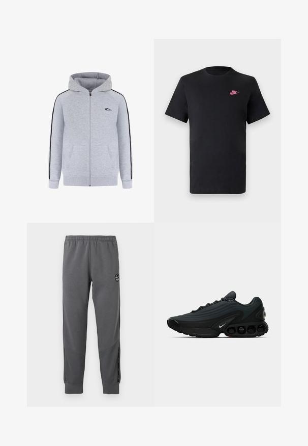 Felpa grigia con zip, dotata di tasca a marsupio, strisce nere sui lati e un piccolo logo sul lato sinistro del petto. Tessuto morbido e cappuccio regolabile.; T-shirt in cotone nero con scollatura tonda e maniche corte. Presenta un logo Nike rosa sulla parte superiore sinistra. Texture liscia.; Pantaloni della tuta grigi realizzati in tessuto morbido con vita elasticizzata, gambe affusolate, pannelli laterali e una toppa circolare con logo.; Scarpa sportiva nera con tomaia in tessuto testurizzato, design curvo, sottile prominente e elementi di ammortizzazione visibili. Presenta un dettaglio del logo bianco.