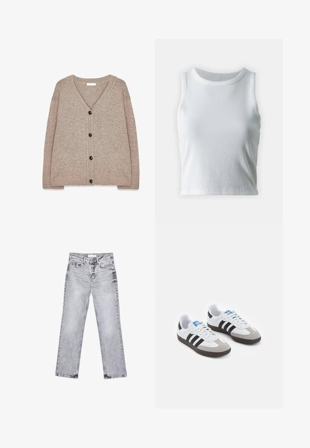 Beige gestrickte Strickjacke mit V-Ausschnitt, gerippten Kanten und fünf braunen Knöpfen auf der Vorderseite. Weicher Stoff und lässiger Schnitt.; Weißes, geripptes Tanktop mit runder Ausschnittform und ärmellosem Design, ausgestattet mit einem geraden Saum und einer glatten, dehnbaren Textur.; Graue Jeans aus Denim mit geradem Bein, mit Used-Effekten, fünf Taschen und kupferfarbenen Nieten. Der Bund verfügt über ein Logoshirt.; Sportschuhe mit einem Obermaterial aus weißem Leder, grauer Wildleder-Zehenkappe und drei schwarzen Streifen. Sie verfügen über ein blaues Logo auf der Zunge und eine strukturierte Gummisohle.