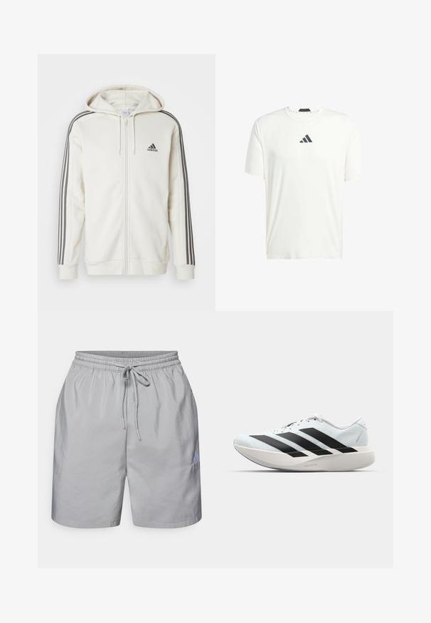 Hanorac alb cu fermoar, cu detalii gri în trei dungi pe mâneci, material texturat, glugă cu șnur și un mic logo Adidas negru pe piept.; Tricou alb cu mânecă scurtă, realizat dintr-un material ușor, cu guler rotund și un logo gri închis pe piept. Textură netedă, croială lejeră.; Shorts atletici gri deschis, cu talie elastica, măsură cu șnur de ajustare, și un mic logo albastru deschis în partea stângă jos.; Pantofi de alergare ușori în albastru deschis cu dungi negre. Au un superior neted, vârf rotund și o intermediară groasă albă etichetată "LIGHTSTRIKE PRO."