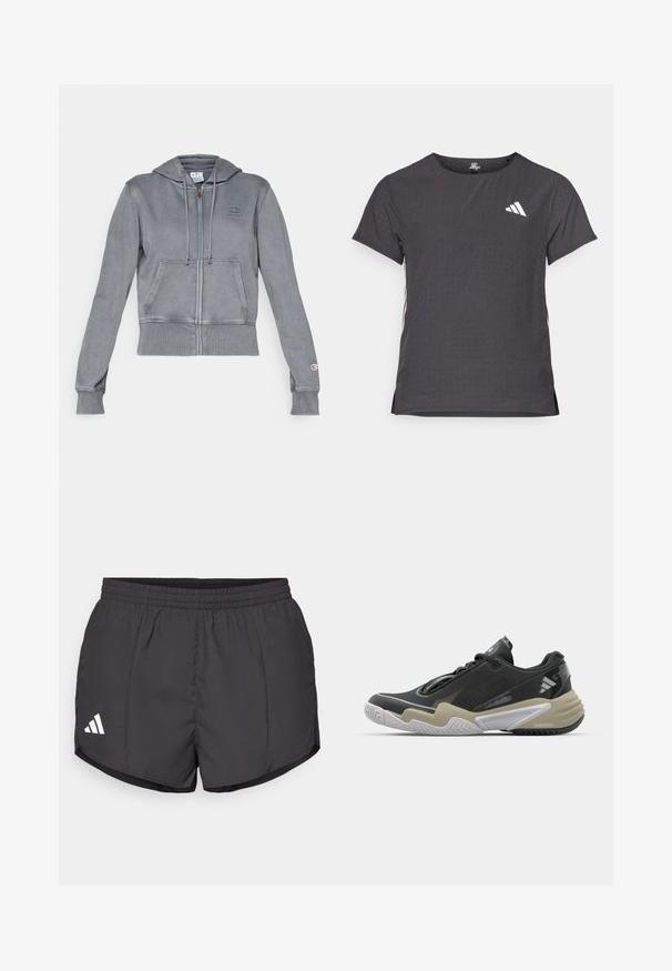 Šedá mikina s kapucí na zip vyrobená z měkké látky, s žebrovaným lemem a manžetami. Obsahuje stahovací kapuci a přední klokankovou kapsu. Detail loga na hrudi.; Kraťasový sportovní tričko, tmavě šedé barvy s perforovanou texturou. Obsahuje bílé logo a kontrastní boční pruhy. Kulatý výstřih.; Černé sportovní šortky vyrobené z lehkého materiálu, s elastickým pasem a bílým logem Adidas na dolní levé straně.; Černá a béžová sportovní obuv s texturovaným svrškem, výrazným designem podešve, reflexními prvky a šněrovacím systémem. Lehká konstrukce.