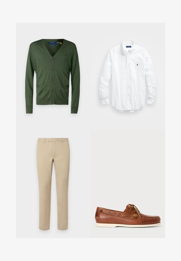 Polo Ralph Lauren SLIM FIT WASHABLE WOOL V-NECK CARDIGAN  - Kardiganas - classic olive heather; Balta ilga rankovė mygtukų marškiniai iš medvilnės. Pasižymi klasikinėmis apykaklėmis, mygtukų rankogaliais ir mažuoju tamsiai mėlynu siuviniu su logotipu ant krūtinės.; Šviesiai rudos medvilninės kelnės tiesaus kirpimo, su diržo kilpomis, plokščiu priekiu ir siuvinėtomis apvadomis. Lygi tekstūra ir minimalus detalizavimas.; Rudos odinės valtinės bateliai su raišteliais, auksinėmis akytėmis ir kreminiu guminiais padu. Sukurta su pakeltu siuvinėjimu ant piršto.