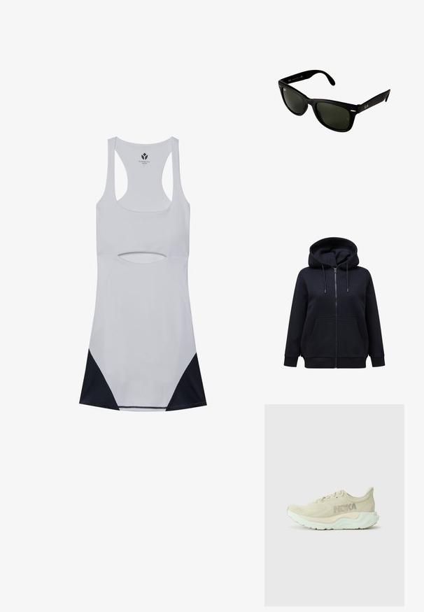 Zwarte zip-up hoodie met een capuchon met trekkoord, voorzakken en geribbelde manchetten. Gemaakt van zachte, dikke stof met een gladde textuur.; Witte sportieve jurk met uitsnijdingen, racerback ontwerp en zwarte mesh accenten aan de zoom. Gemaakt van rekbaar, lichtgewicht materiaal.; Lichtbeige hardloopschoen met een gestructureerde mesh bovenkant, gevoerde middenzool en mintgroene buitenzool. Heeft Hoka-branding aan de zijkant.; Zwarte kunststof zonnebril met donkergroene lenzen. Het vierkante frameontwerp heeft zilveren accenten en een reliëflogo op de poot.; Denim draagtas met dubbele handvatten en een verwijderbare marineblauwe schouderriem. Kenmerkt "Coach New York" in marineblauwe letters en een leren label.