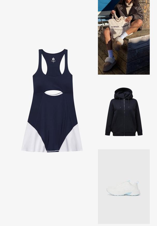Felpa nera con zip, cappuccio regolabile con stringhe, tasche frontali e polsini a coste. Realizzata in un tessuto morbido e spesso con una texture liscia.; Abito atletico navy con design a schiena scoperta, caratterizzato da un dettaglio a taglio e un pannello bianco testurizzato all'orlo. Realizzato in tessuto leggero.; Scarpa sportiva bianca con tomaia in rete strutturata e accenti azzurri chiari. Presenta punta tonda, lacci piatti e collo della caviglia imbottito.; Borsa tote beige con "SAMSOE" stampato due volte, ciabatte beige con bordo in pelliccia bianca, calze bianche e un cappotto in shearling marrone su una superficie di legno.