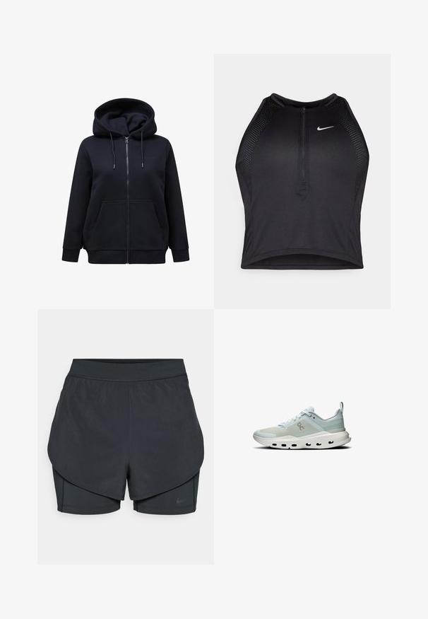 Sort lynlås hættetrøje med snøre i hætten, forlommer og ribstrik ved håndleddene. Fremstillet af blødt, tykt stof med en glat tekstur.; Sort sports crop top med lynlås foran, mesh-detaljer og en tætsiddende pasform. Lavet af strækbart, åndbart stof. Nike-logo på forsiden.; Sorte atletiske shorts med et lagdelt design, der har et glat yderlag og tætsiddende indershorts. Lavet af letvægts, strækbart stof.; Lys blå sneakers lavet af mesh og syntetiske materialer. Har en hvid mellemsål, afrundet form og udskårne accenter langs sålen.