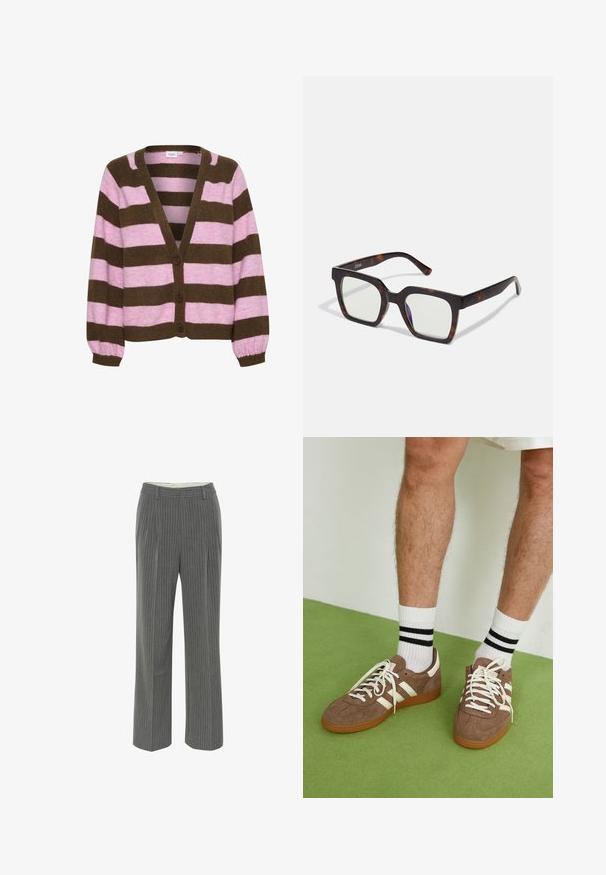 Sweter robiony na drutach z pionowymi paskami w kolorze różowym i brązowym, z głębokim dekoltem w kształcie litery V, zapinany na guziki i z bufkami na rękawach. Miękka faktura.; Biała bawełniana koszulka na ramiączkach z szerokimi paskami, okrągłym dekoltem i gładką, prążkowaną strukturą. Brak wzorów i akcentów.; Szare spodnie w prążki o dopasowanym kroju, z płaskim przodem i szerokimi nogawkami. Wykonane z gładkiego, lekkiego materiału.; Brązowe zamszowe sneakersy z białymi akcentami i sznurówkami. Gumowa, brązowa podeszwa. Noszone z białymi skarpetkami w czarne paski. Zielona teksturowana podłoga.; Kwadratowe okulary przeciwsłoneczne z oprawką z acetatu w wzór żółwia i przezroczystymi soczewkami. Posiadają szerokie zauszniki i matowe wykończenie, co zwiększa ich ogólną trwałość.; Kremowa skórzana torebka na ramię o kształcie półksiężyca, z cienkim paskiem i subtelnymi detalami przeszyć. Minimalistyczny design z akcentami w kolorze złota.