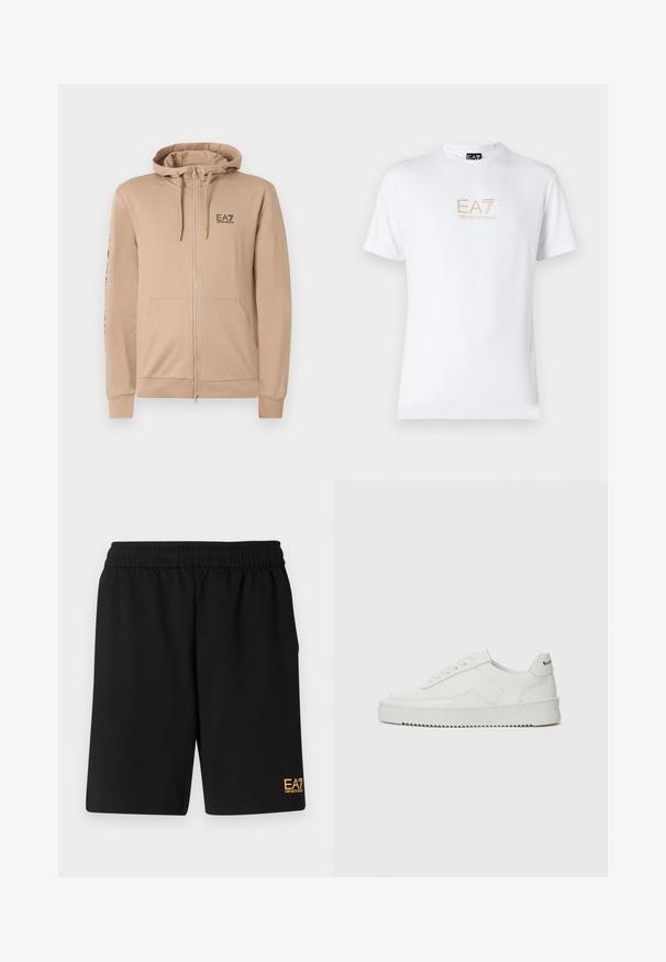 Beige zip-up hoodie made of soft fabric with a drawstring hood. Features a small black logo on the chest and pockets on the front.; White cotton t-shirt featuring a round neckline and short sleeves, with a gold EA7 Emporio Armani logo printed on the front.; Black athletic shorts made of soft fabric,Featuring an elastic waistband and a small yellow EA7 logo on the lower left leg.; White leather sneaker with a smooth finish, round toe, flat laces, and a textured sole. Features a subtle logo on the heel.