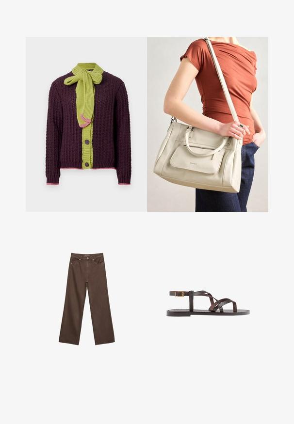 Pletený cardigan v tmavě fialové barvě s texturovaným vzorem. Má jasně zelený šátek na zavázání, růžové akcenty a hnědé knoflíky podél přední části.; Hnědé tričko s krátkým rukávem vyrobené z měkké látky, s kulatým výstřihem a volným střihem. Bez viditelných vzorů nebo dekorací.; Hnědé džíny s širokými nohavicemi vyrobené z denimu, s vysokým pasem, předními kapsami a klasickým zapínáním na knoflík. Hladká textura s jemným švem.; Hnědé kožené sandály s kříženými pásky, uzavřením na přezku u kotníku a plochou podrážkou s minimem švů.; Bílá kožená kabelka s dvojitými uchy a odnímatelným popruhem, která má přední zipovou kapsu a hladký povrch. Nese se na paži osoby.