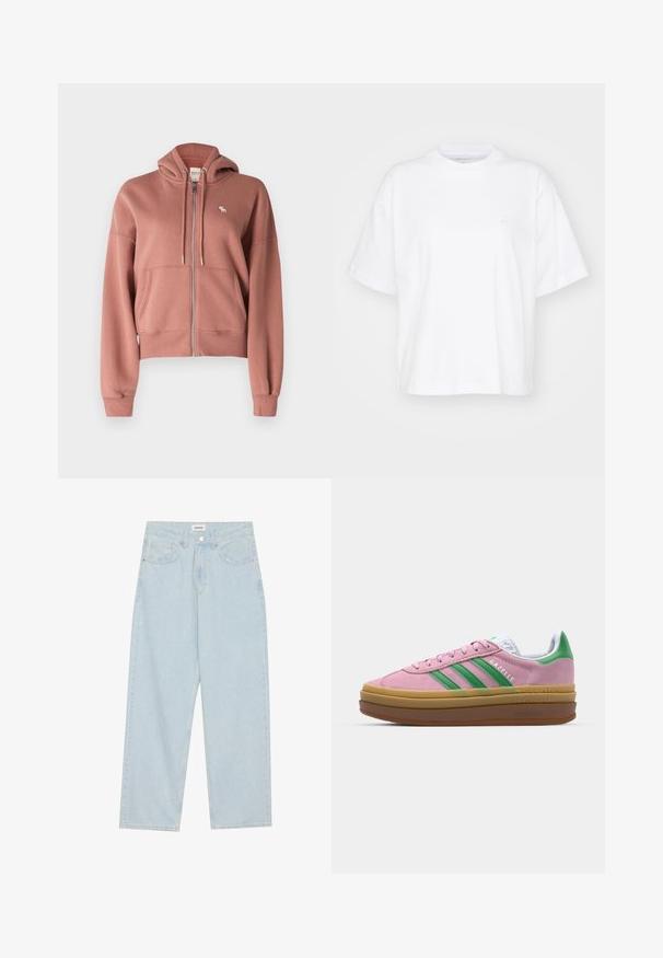 Abercrombie & Fitch ICON - Zip-up sweatshirt - burlwood; White cotton t-shirt with a crew neck, short sleeves, and a relaxed fit. Features a subtle logo on the left chest area. Smooth texture.; Light blue wide-leg jeans made of denim, featuring a mid-rise waist, five pockets, and a button closure with a slim metal accent.; Pink suede sneakers with green stripes, white accents, and a brown rubber sole. Features textured fabric and logo detailing on the side.