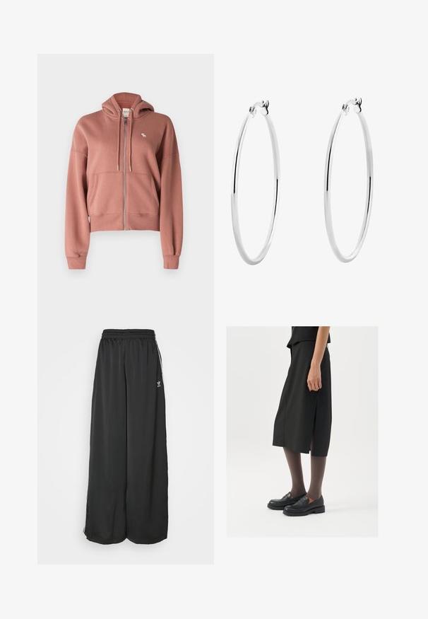 Abercrombie & Fitch ICON - Zip-up sweatshirt - burlwood; Gray ribbed tank top with a round neckline and no sleeves. Soft texture and fitted design, suitable for casual or layering options.; Black loose-fitting track pants made of smooth fabric. Features an elastic waistband and side stripes with logo accents.; Black knee-length skirt with side slit, paired with black loafers and sheer brown tights, featuring a smooth fabric and simple design.; Silver hoop earrings with a smooth, polished finish and a seamless design, featuring rounded edges and a secure clasp.