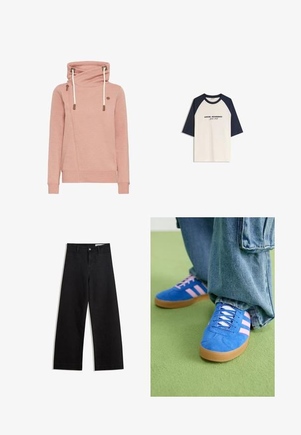 Pink hoodie with a cowl neck, featuring a diagonal zip closure and drawstrings. Smooth texture with contrasting brown accents.; Raglan sleeve t-shirt in cream with dark blue sleeves, featuring "ANGEL NUMBERS 912-412" printed on the front in black. Cotton blend material.; Black wide-leg denim pants with a high waist, featuring front and back pockets, stitched seams, and a button closure. Smooth texture.; Blue suede shoes with pink stripes and white laces, featuring a gum rubber sole, paired with loose denim pants on a green surface.