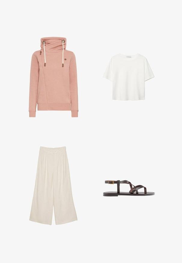 Rosa hoodie med hög hals, med en diagonal dragkedja och snoddar. Slät textur med kontrasterande bruna detaljer.; Vit t-shirt med kort ärm i bomull. Har en rundad halsringning och en avslappnad passform. Slät textur utan synliga mönster eller detaljer.; Linnenbyxor med vida ben i en ljusbeige färg, med en plisserad design och ett elastiskt midjeband för komfort och enkel användning.; Bruna lädersandaler med korsade remmar, spänne runt vristen och en platt sula med minimala sömnadsdetaljer.