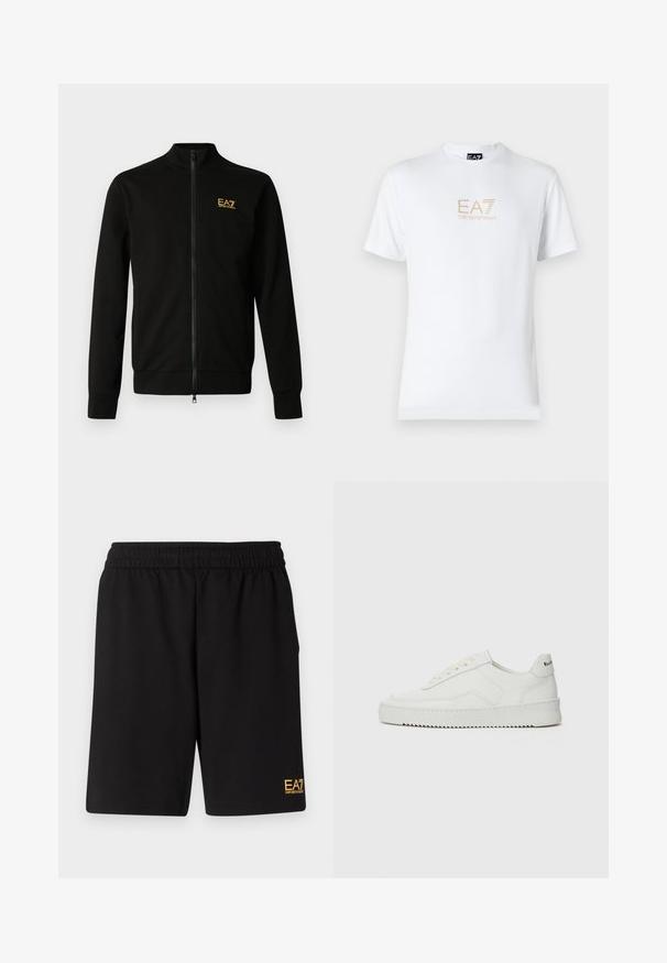 Chaqueta negra con cremallera hecha de tela suave. Tiene un cuello alto, mangas largas y un pequeño logo amarillo en la parte superior izquierda.; Camiseta blanca de algodón con escote redondo y mangas cortas, con un logo dorado de EA7 Emporio Armani impreso en el frente.; Pantalones cortos deportivos negros de tejido suave, con una cintura elástica y un pequeño logo amarillo de EA7 en la parte inferior de la pierna izquierda.; Zapatilla de cuero blanca con un acabado suave, puntera redonda, cordones planos y suela texturizada. Cuenta con un sutil logo en el talón.