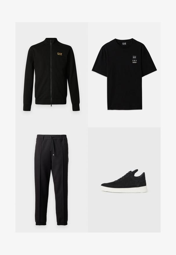 Melna rāvējslēdzēja jaka no mīkstas auduma. Tai ir augsts apkakles stāvoklis, garas piedurknes un neliels dzeltens logotips augšējā kreisajā pusē.; Melnas kokvilnas T-krekls ar īsām piedurknēm, apaļo kakla izgriezumu un nelielu logotipa birku priekšpusē ar baltiem apzīmējumiem par kopšanu.; Melni bikses ar jostu, staipāmu un elastīgām aprocēm. Ar krokām un gludu, teksturētu audumu.; Melna zamša apavi ar baltu gumijas zoli, ar tonālu izšuvumu un auklu dizainu. Gluda tekstūra ar mūsdienīgu, plūstošu formu.