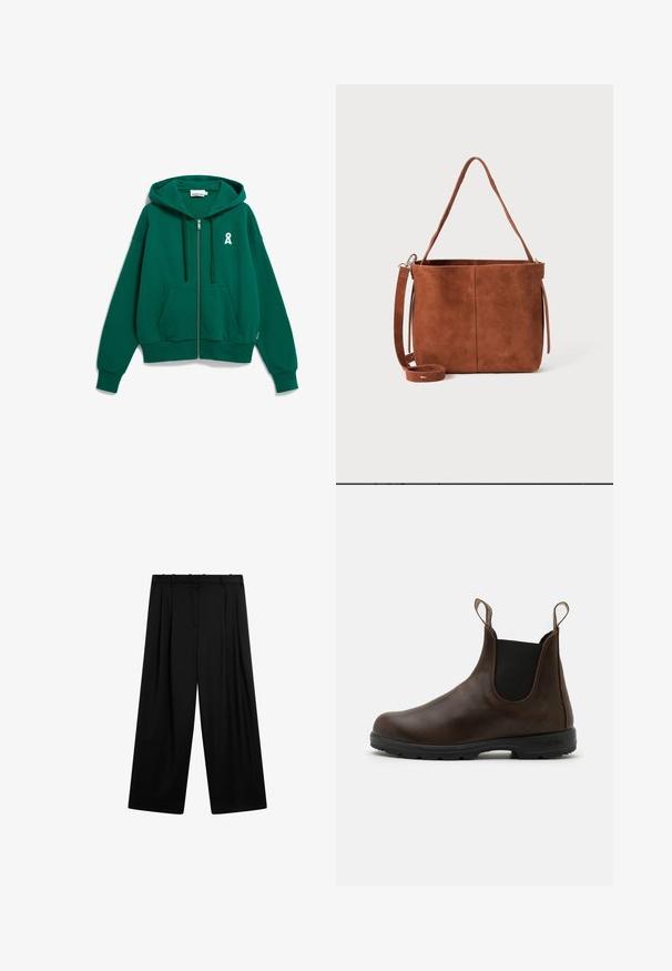 Groene zip-up hoodie met een voorzak, trekkoordcapuchon en een wit lintlogo op de linkerborst. Gemaakt van zachte, gestructureerde stof.; Bordeaux coltrui gemaakt van zachte, rekbare stof; beschikt over lange mouwen en een hoge, omgeslagen kraag voor extra warmte.; Massimo Dutti DARTED - Broek - black; Bruine leren enkellaars met elastische zijkanten, trekriempjes en een getextureerde rubberen zool. Heeft een slank, rond te ontwerp.; Bruine suède emmerij met een enkele schouderband en een afneembare crossbodyband. Rechte textuur en minimalistisch ontwerp zonder zichtbare hardware.