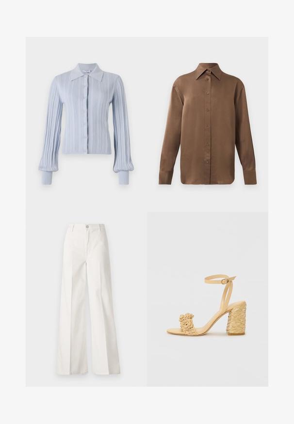 Lichtblauwe cardigan met een geribbelde structuur, knoopsluiting en een kraag. Voorzien van lange mouwen met aansluitende manchetten.; Bruine overhemd met lange mouwen en knopen, voorzien van een spitse kraag en manchetten, op een eenvoudige witte achtergrond weergegeven.; Witte wijde-broek gemaakt van katoen met een gladde textuur. Voorzien van een knoop aan de voorkant, ritsopening en vierzakkenontwerp.; Beige hoge hak sandaal met een gevlochten textuur, voorzien van een decoratieve bloem en enkelbandje. Vierkante hak zorgt voor stabiliteit.