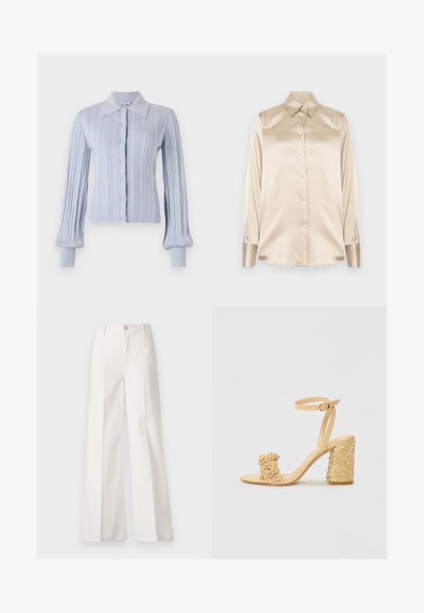 Šviesiai mėlynas kardiganas su raukšlėta tekstūra, sagų uždarymu ir apykakle. Turi ilgas rankoves su prigludusiais manžetais.; Smėlio spalvos satino marškiniai su smailiu apykakle, pilno ilgio rankovėmis, sagų uždarymu ir šiek tiek blizgesniais rankogaliais. Be raštų ar akcentų.; Balti platūs baltos spalvos keliai, pagaminti iš medvilnės su lygiu paviršiumi. Yra priekinis mygtukas, užtrauktukas ir keturi kišenės.; Bežiniai aukšti kulniukai su pintu tekstūra, puošiami dekoratyvine gėle ir kulkšnies dirželiu. Kvadratinis kulnas suteikia stabilumo.