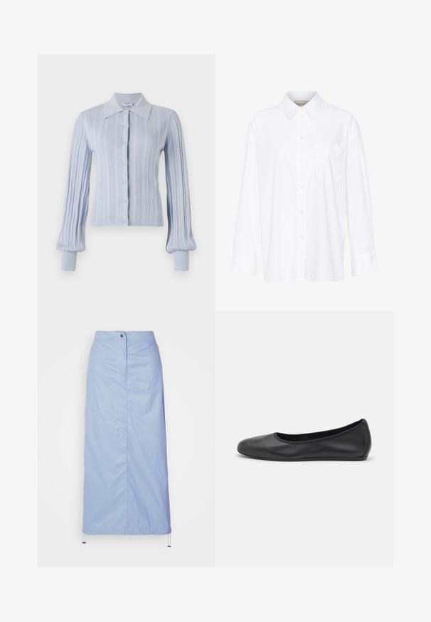Light blue cardigan with a ribbed texture, button closure, and a collared neck. Features long sleeves with fitted cuffs.; White long-sleeve collared shirt made of cotton. Features a button-down front and a single chest pocket. Smooth texture, relaxed fit.; Light blue, mid-length skirt made of smooth, lightweight material with a straight cut, features a front button closure and drawstring hem.; Black leather ballet flat with a rounded toe, smooth texture, minimal stitching detail, and a flexible sole design.