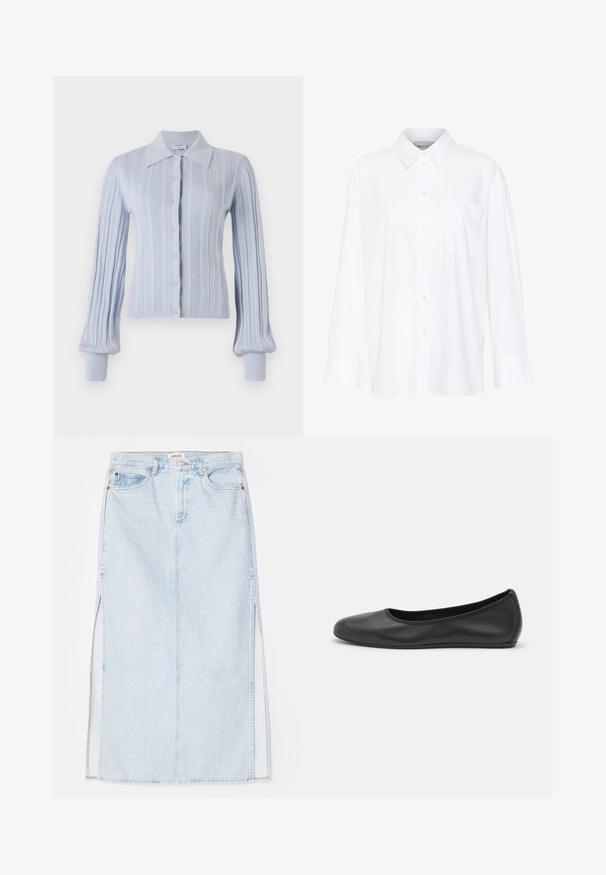 Lichtblauwe cardigan met een geribbelde structuur, knoopsluiting en een kraag. Voorzien van lange mouwen met aansluitende manchetten.; Witte lange mouwen overhemd met kraag van katoen. Voorzien van een knoopsluiting aan de voorkant en een enkele borstzak. Een gladde textuur en een ontspannen pasvorm.; Lichtblauwe denim maxi rok met een rechte snit, voorzien van zijsplits en een ontwerp met vijf zakken. Opvallende stiksels en metalen knoopsluiting.; Zwarte leren ballerina met een ronde neus, gladde textuur, minimale stikdetails en een flexibele zoolontwerp.