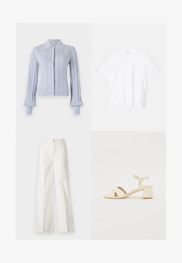 Lichtblauwe cardigan met een geribbelde structuur, knoopsluiting en een kraag. Voorzien van lange mouwen met aansluitende manchetten.; Witte katoenen t-shirt met korte mouwen, ronde halslijn, comfortabele pasvorm en gestikte zoom. Etiket zichtbaar aan de binnenzijde van de hals.; Witte wijde-broek gemaakt van katoen met een gladde textuur. Voorzien van een knoop aan de voorkant, ritsopening en vierzakkenontwerp.; Beige gepolijst lederen sandalen met hakken, voorzien van een kruisbandontwerp, open teen, verstelbare enkelband en een blokhak. Gladde textuur.