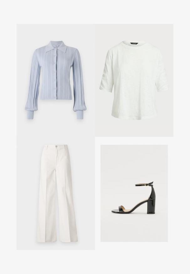 Helles blaues Strickjäckchen mit gerippter Textur, Knopfverschluss und Kragen. Verfügt über lange Ärmel mit schmalen Bündchen.; Weißes T-Shirt mit kurzen Ärmeln aus leichtem Stoff. Hat einen runden Ausschnitt und einen lockeren Schnitt mit einem dezenten strukturierten Muster.; Weiße weite Hosen aus Baumwolle mit glatter Textur. Sie verfügen über einen vorderen Knopf, einen Reißverschluss und ein Design mit vier Taschen.; Schwarze Lackleder-Sandalette mit weitem Absatz, offener Zehenpartie und Knöchelriemen mit goldener Schnalle. Glatte Textur und elegantes Design.