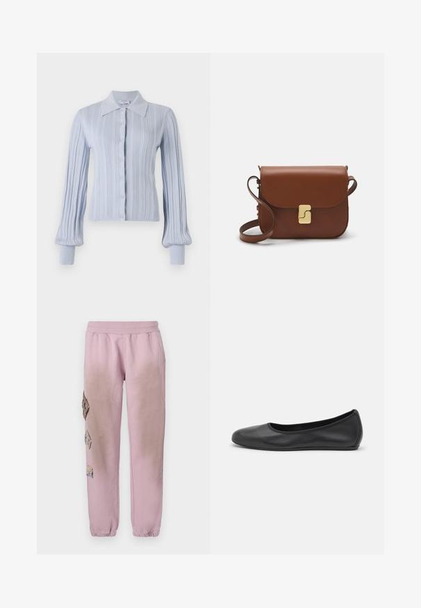 Light blue cardigan with a ribbed texture, button closure, and a collared neck. Features long sleeves with fitted cuffs.; White short-sleeve t-shirt made of ribbed fabric. Round neckline, regular fit, and subtle stitching details. No patterns or graphics.; Pink sweatpants with an elastic waistband, featuring decorative patches in diamond shapes on the left side and elastic cuffs at the ankles.; Black leather ballet flat with a rounded toe, smooth texture, minimal stitching detail, and a flexible sole design.; Brown leather handbag with a flap closure, gold-tone hardware, a shoulder strap, and a smooth texture. Compact rectangular shape.