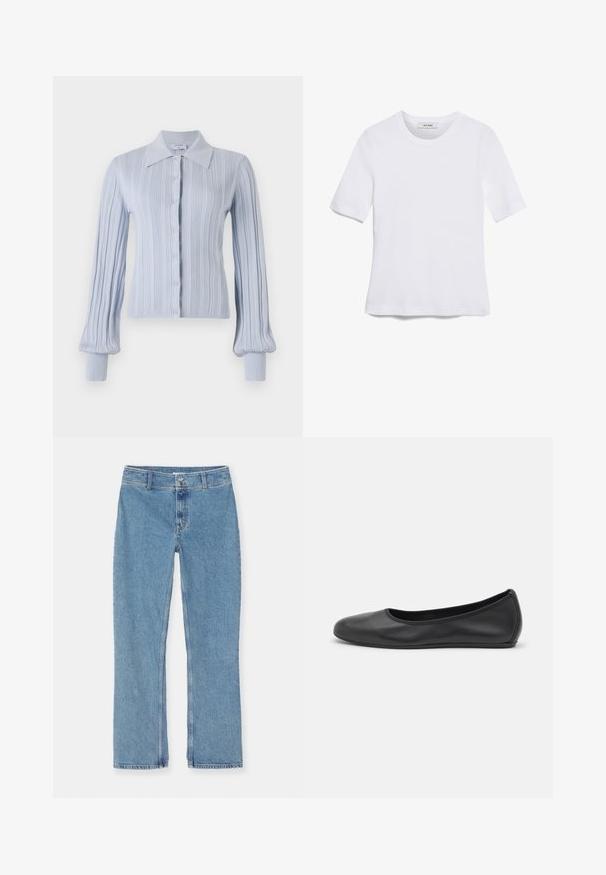 Jasnoniebieski kardigan o prążkowanej teksturze, zapinany na guziki, z kołnierzykiem. Posiada długie rękawy z dopasowanymi mankietami.; Biała koszulka krótki rękaw wykonana z materiału prążkowanego. Okrągły dekolt, regularny krój i subtelne detale szwów. Bez wzorów ani grafik.; Jasnoniebieskie dżinsy z prostymi nogawkami, zapinane na guzik i zamek, z paskami do pasa oraz standardowym szwem na białym tle.; Czarne skórzane baletki z zaokrąglonym noskiem, gładką fakturą, minimalnymi przeszyciami i elastycznym designem podeszwy.