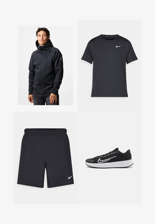 Giacca in pile nera con colletto alto e tasca sul petto con zip. Presenta cuciture a pannelli e tasche laterali. Texture morbida e liscia.; Maglietta da corsa Nike nera realizzata in materiale leggero e traspirante, con maniche corte e un piccolo logo bianco sul petto.; Shorts sportivi neri realizzati in materiale leggero con vita elastica. Presentano un piccolo logo Nike bianco sul lato sinistro in basso.; Scarpe da ginnastica nere con tomaia in mesh, logo e dettagli bianchi, suola ammortizzata e suola in gomma testurizzata per una maggiore aderenza.