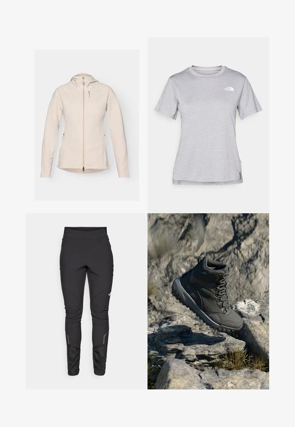 Beige Fleecejacke mit Kapuze, Reißverschluss und Fronttasche. Sie verfügt über eine glatte Textur, lange Ärmel und einen leicht geschwungenen Saum.; Graues T-Shirt mit kurzen Ärmeln aus weichem, feuchtigkeitsableitendem Stoff. Hat einen Rundhalsausschnitt und ein kleines weißes Logo auf der oberen linken Seite.; Schwarze Outdoor-Hosen mit einer figurschmeichelnden Passform, strapazierfähigem Material, reflektierenden Akzenten und Nahtpaneelen für verbesserte Beweglichkeit und Komfort.; Dunkelgrauer Wanderschuh aus synthetischem Material, mit gepolstertem Kragen, Metallösen und strukturierten Gummisohlen für besseren Halt.