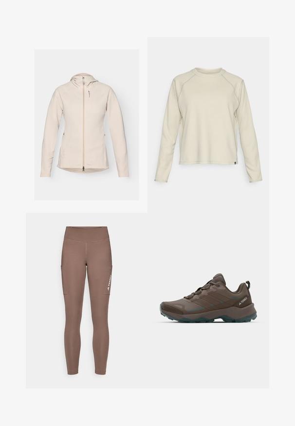 Beige Fleecejacke mit Kapuze, Reißverschluss und Fronttasche. Sie verfügt über eine glatte Textur, lange Ärmel und einen leicht geschwungenen Saum.; Helle beige Langarmbluse mit strukturiertem, geripptem Design. Mit Raglanärmeln und rundem Ausschnitt. Dezentes Markenlogo am Saum.; Braune Sportlegging mit einem hohen Bund, ausgestattet mit Seitentaschen und einem weißen Logo. Glatter, dehnbarer Stoff für Komfort und Bewegungsfreiheit.; Graue und türkisfarbene Wanderschuhe mit Netzpaneelen, strukturiertem Obermaterial und robustem Gummisohle. Mit gepolsterter Zunge und Schnürdesign.
