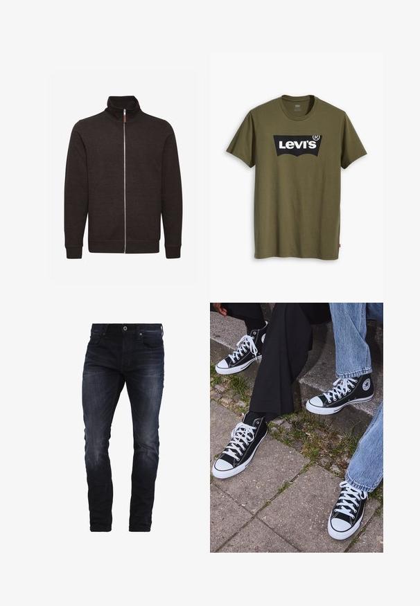 Mørkebrun zip-up sweatshirt med høj krave, to sidelommer og ribbede manchetter og søm, lavet af et blødt, struktureret stof.; Olivengrøn bomuld T-shirt med stort sort Levi's-logo i en kontrasterende, halvcirkelformet bue hen over brystet. Almindelig pasform.; Mørkeblå slim-fit jeans med let slid på lårene og knæene, med forlommer, bæltestropper og knaplukning.; Sorte høje canvas sneakers med hvide gummisåler og snørebånd, prydet med et cirkulært logo på siden og parret med denim og sorte bukser.